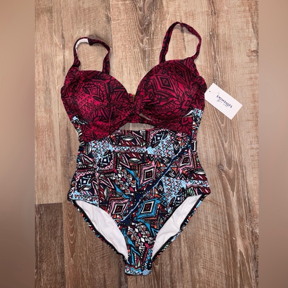 NWT Swimsuits For All Red and Blue Geometric One Piece